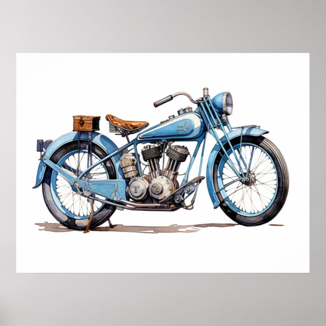 Affiche Aquarelle Vintage Blue Classic Motorcycle (Devant)