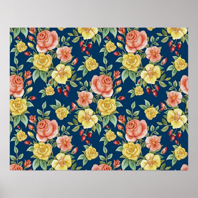 Affiche Aquarelle vintage Floral Rose Arrière - plan | (Devant)