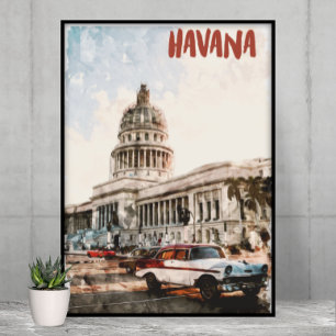 Affiche Aquarelle Vintage voyage Havana Cuba