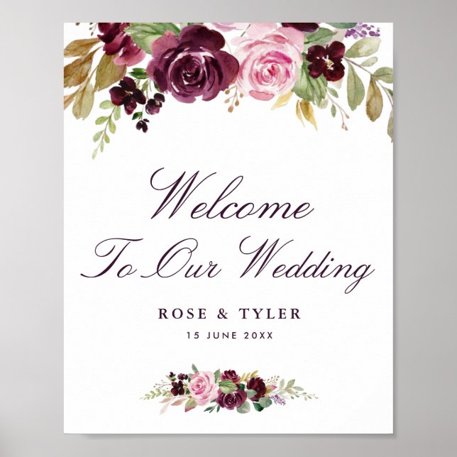 Affiche aquarelle violet mariage fleuri signe de bienvenue (Devant)