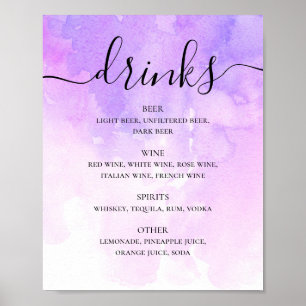 Affiche Aquarelle violet script lilas mariage bar boissons