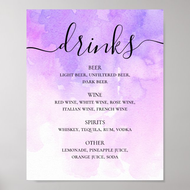 Affiche Aquarelle violet script lilas mariage bar boissons (Devant)
