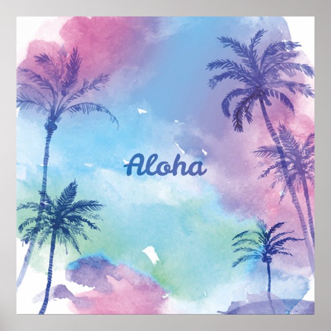 Affiche Aquarelle violette Hawaii Paysage (Devant)
