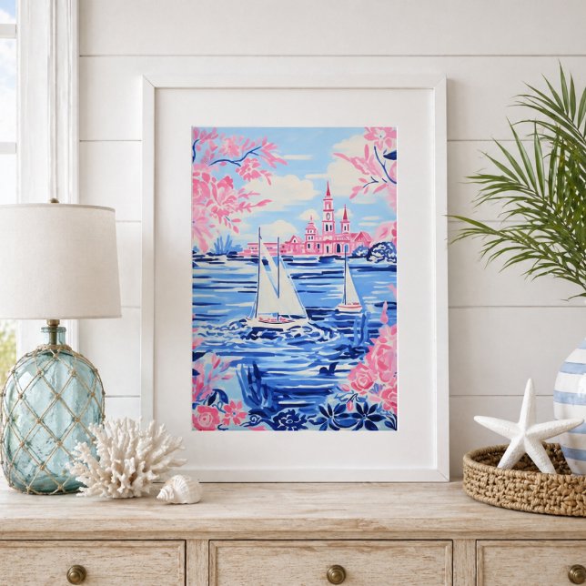 Affiche Aquarelle Voiliers Blancs Eaux Bleues Floral Rose (Créateur téléchargé)