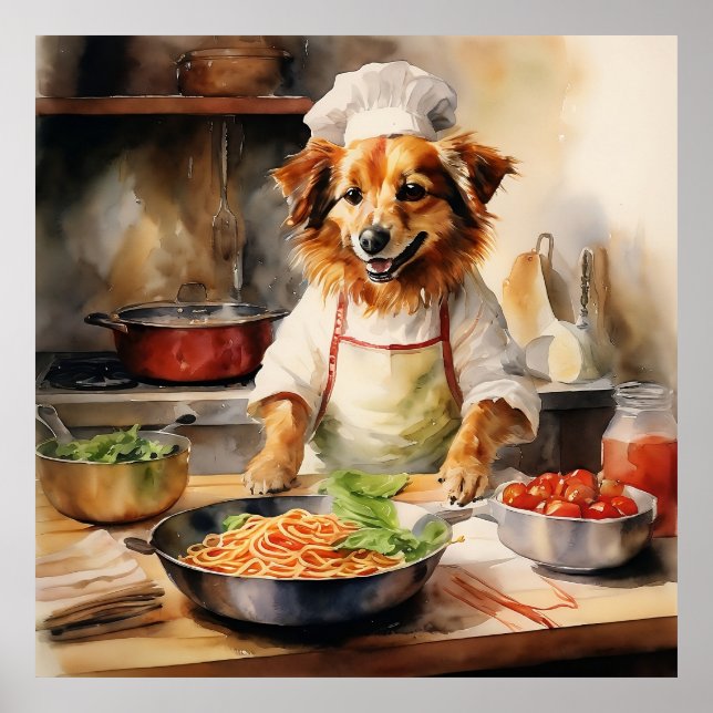 Affiche Aquarelle Volpino Italiano Chien Cuisine Pasta (Devant)