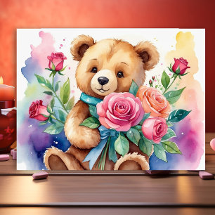 Affiche Aquarelle Whimsace Ours En Teddy Avec Bouquet De R
