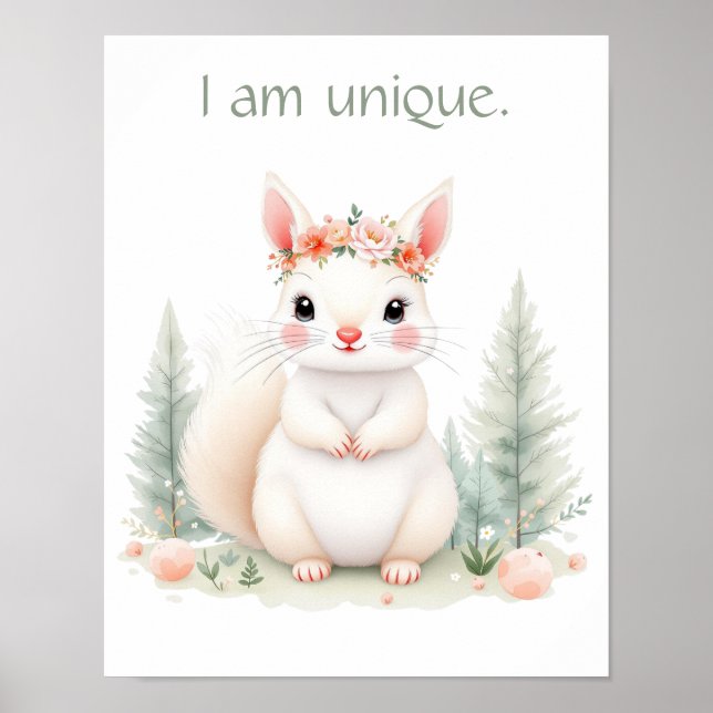 Affiche Aquarelle Whimsical Bébé Écureuil blanc Bois (Devant)
