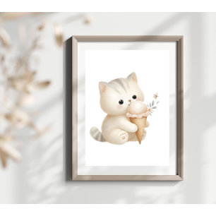 Affiche Aquarelle Whimsical Cute Kitten Manger Crème de gl
