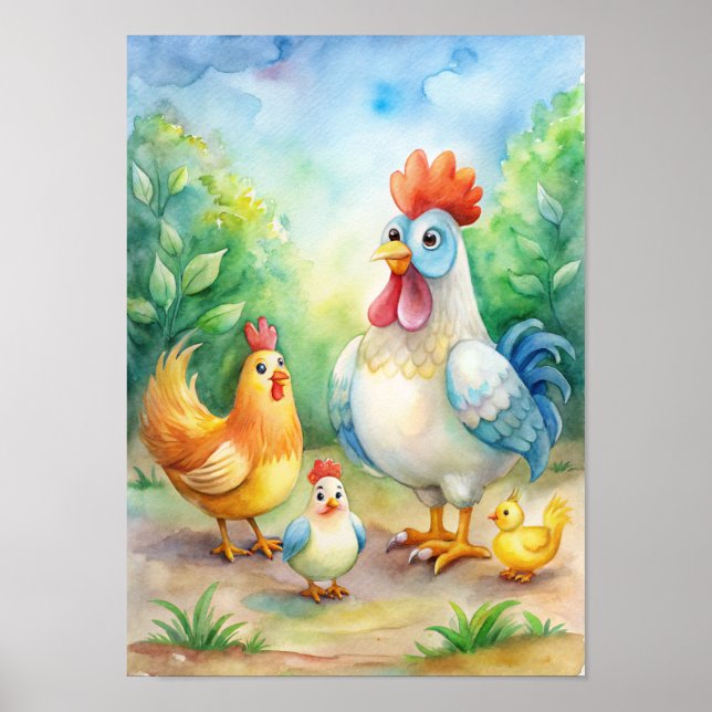Affiche Aquarelle Whimsical de poulet (Devant)