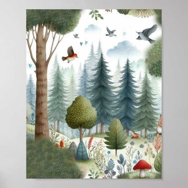 Affiche Aquarelle Whimsical Forêt Animaux Enfants Nursery (Devant)