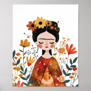 Affiche Aquarelle Whimsical Frida Kahlo avec Fleurs