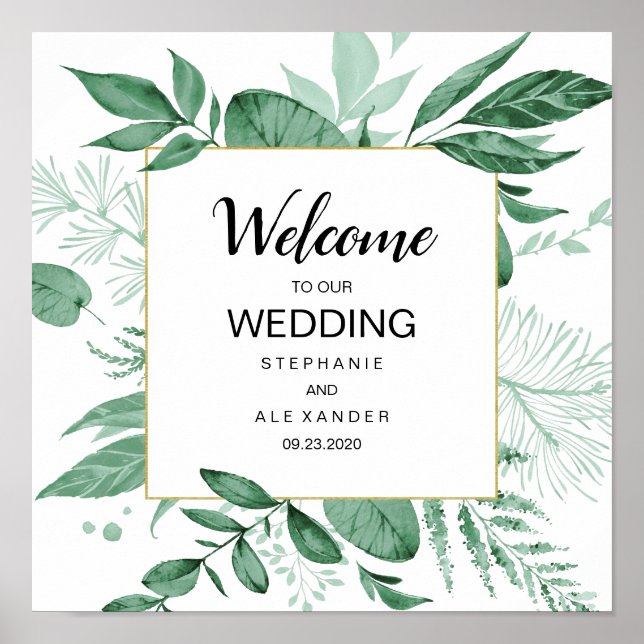 Affiche Aquarelle Wild Feuilles Hunter Mariage vert (Devant)
