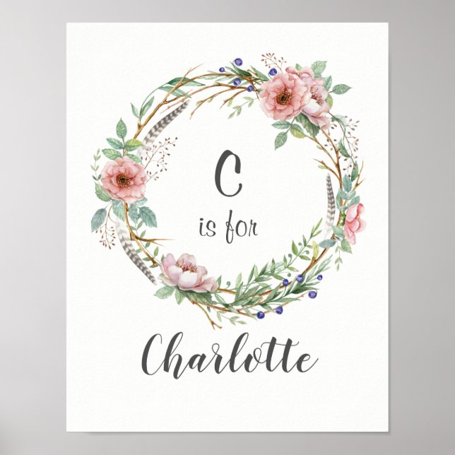 Affiche Aquarelle Wreath avec fleurs et plumes roses (Devant)