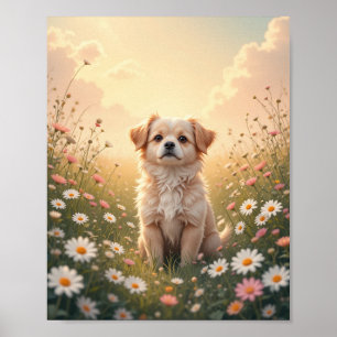 Affiche Aquarelle Yorkshire Terrier dans le champ de fleur