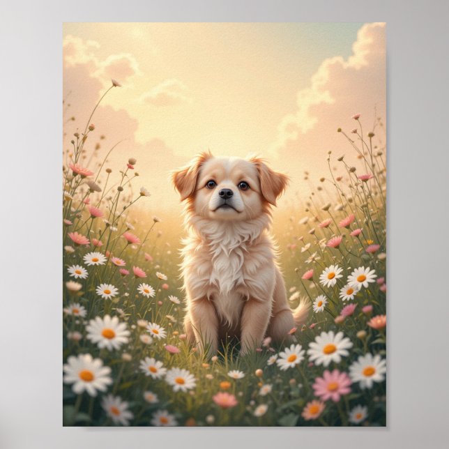 Affiche Aquarelle Yorkshire Terrier dans le champ de fleur (Devant)