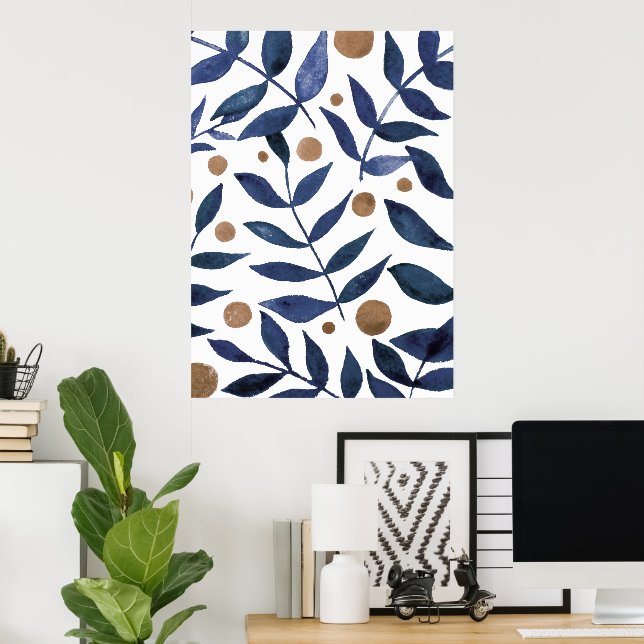 Affiche Aquarelles et baies - indigo et beige (Bureau à domicile)