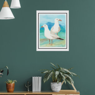 Affiche Aquarelles Mouettes sur la Plage Oiseaux Nature Ar