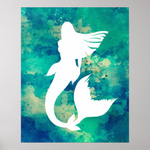 Affiche Aquarelles Océan teintes Sirène Silhouette