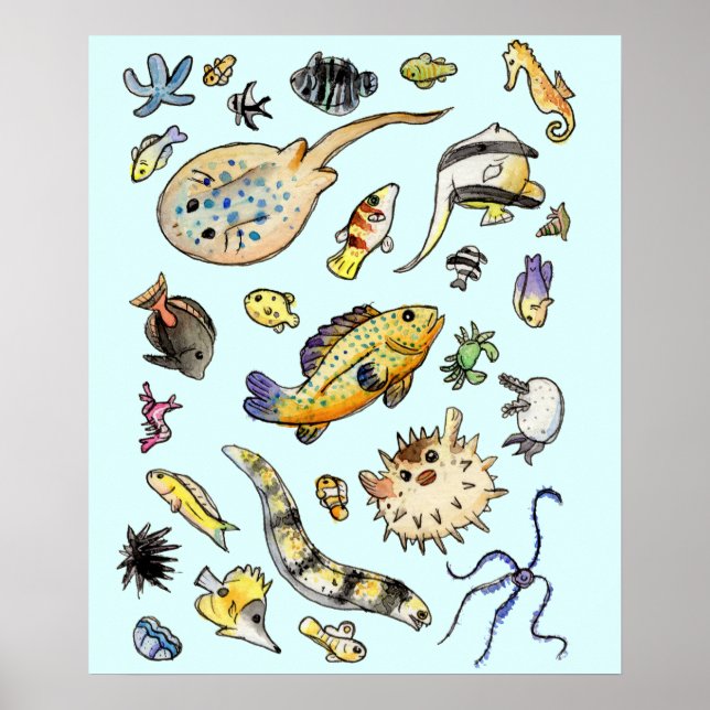 Affiche Aquarium Saltwater Poisson Aquarelle (Devant)