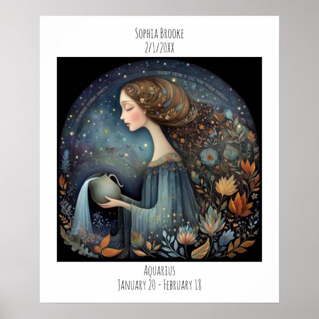 Affiche Aquarius Zodiaque Astrologie Nom & Anniversaire (Devant)