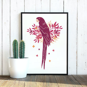 Affiche Ara Parrot Bourgogne Rouge Tropical Feuilles Dessi
