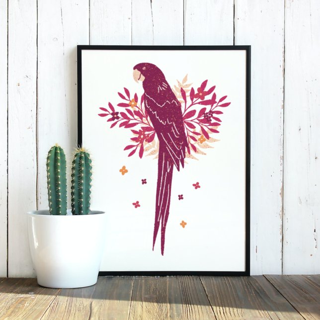 Affiche Ara Parrot Bourgogne Rouge Tropical Feuilles Dessi (Créateur téléchargé)