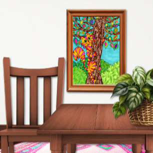 Affiche Arbre à chat rayé coloré dessin animé mignon et am