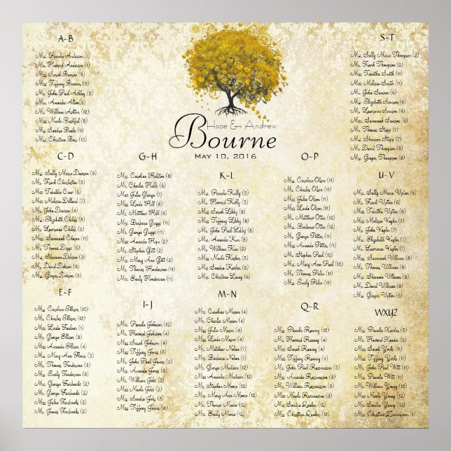 Affiche Arbre à cœur jaune 100 à 150 invités alphabétique (Devant)