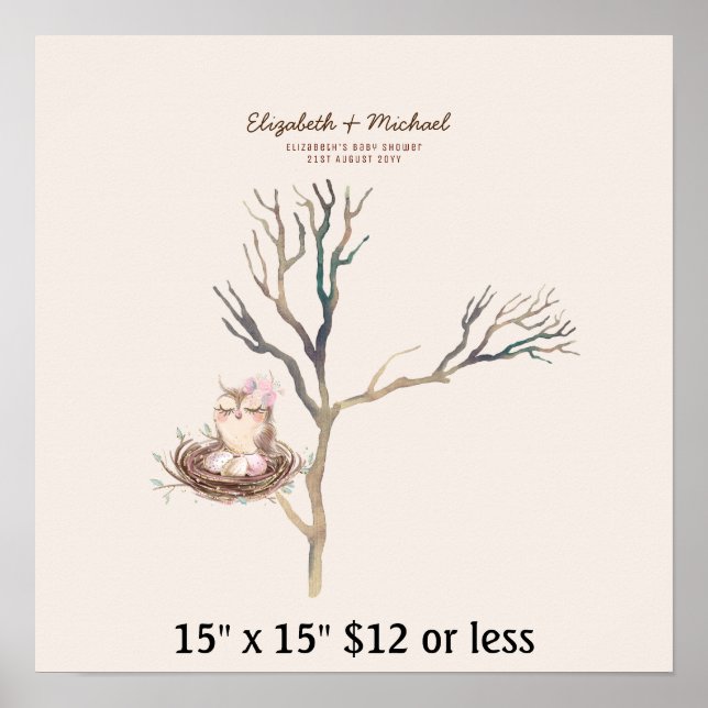 Affiche Arbre à doigts Baby shower aquarelle Chouette nid (Devant)