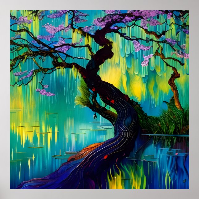 Affiche arbre à fleurs au-dessus de l'eau (Devant)