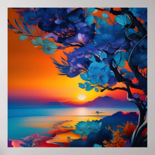 Affiche Arbre à fleurs au lac au lever du soleil