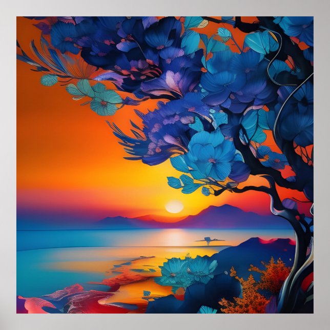 Affiche Arbre à fleurs au lac au lever du soleil (Devant)