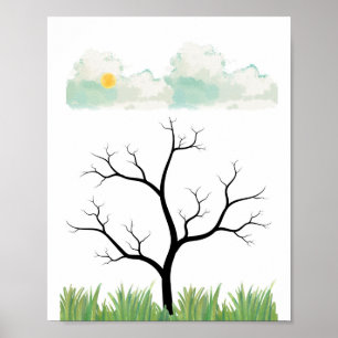 Affiche Arbre à l'aquarelle avec nuages et soleil, Nature
