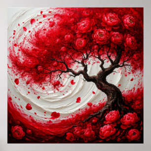 Affiche Arbre Abstrait Vibrant Avec Des Fleurs Rouges Tour
