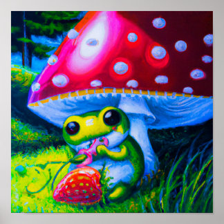 Affiche Arbre adorable Grenouille mangeant une fraise