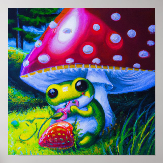 Affiche Arbre adorable Grenouille mangeant une fraise (Devant)