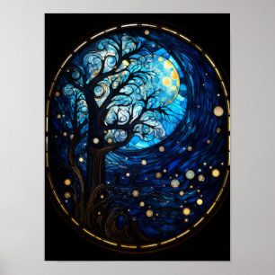 Affiche Arbre au Clair de Lune Vitrail Art Céleste