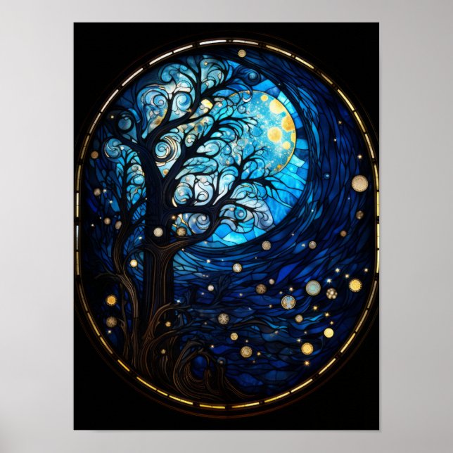 Affiche Arbre au Clair de Lune Vitrail Art Céleste (Devant)