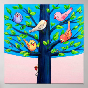 Affiche Arbre aux oiseaux Oiseaux joyeux sur un arbre en