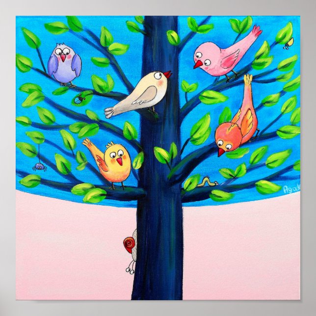 Affiche Arbre aux oiseaux | Oiseaux joyeux sur un arbre en (Devant)