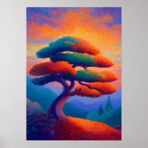 Affiche Arbre Bonsaï Zen Pointillisme Paysage Art