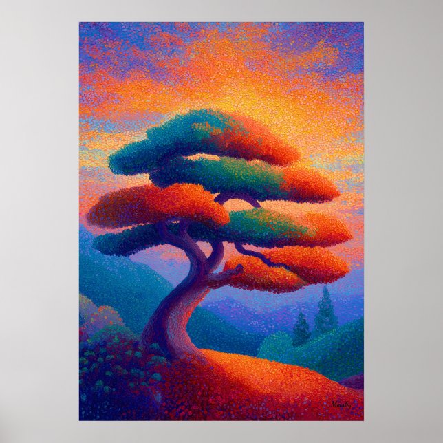 Affiche Arbre Bonsaï Zen Pointillisme Paysage Art (Devant)