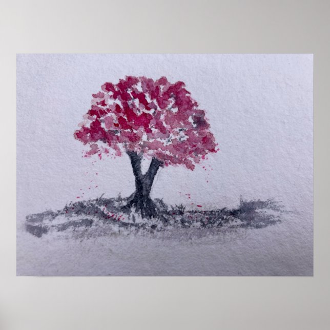 Affiche Arbre cerise en fleurs Aquarelle oeuvre originale (Devant)
