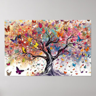 Affiche Arbre coloré aux papillons
