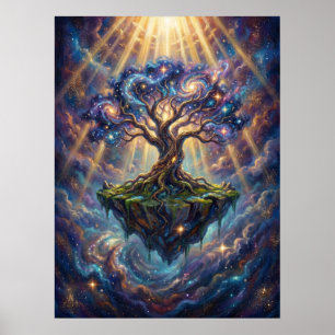 Affiche Arbre cosmique de vie sur une île flottante