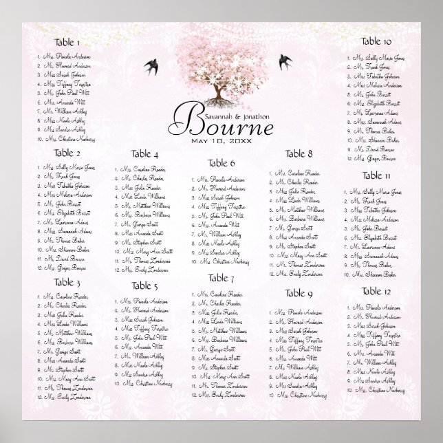 Affiche Arbre d'amour à coeur rose simplement Oiseaux de m (Devant)