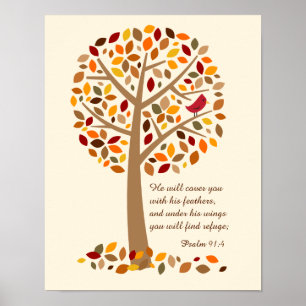 Affiche Arbre d'automne rustique Psaume 91 Bible chrétienn