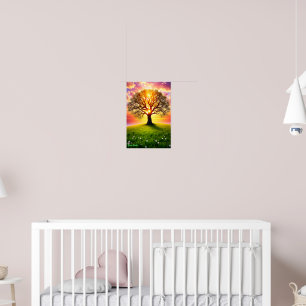 Affiche Arbre de chêne ancien sur coucher de soleil de col