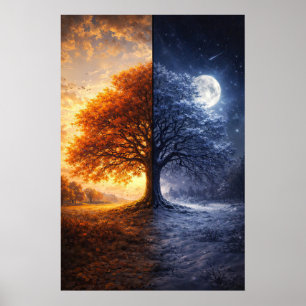 Affiche Arbre de chêne jour nuit hiver automne Art mystiqu
