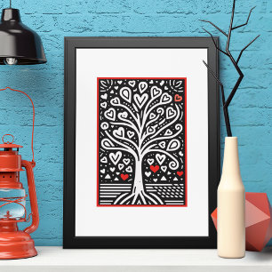 Affiche Arbre de coeur de l'amour : Black & White Folk Art